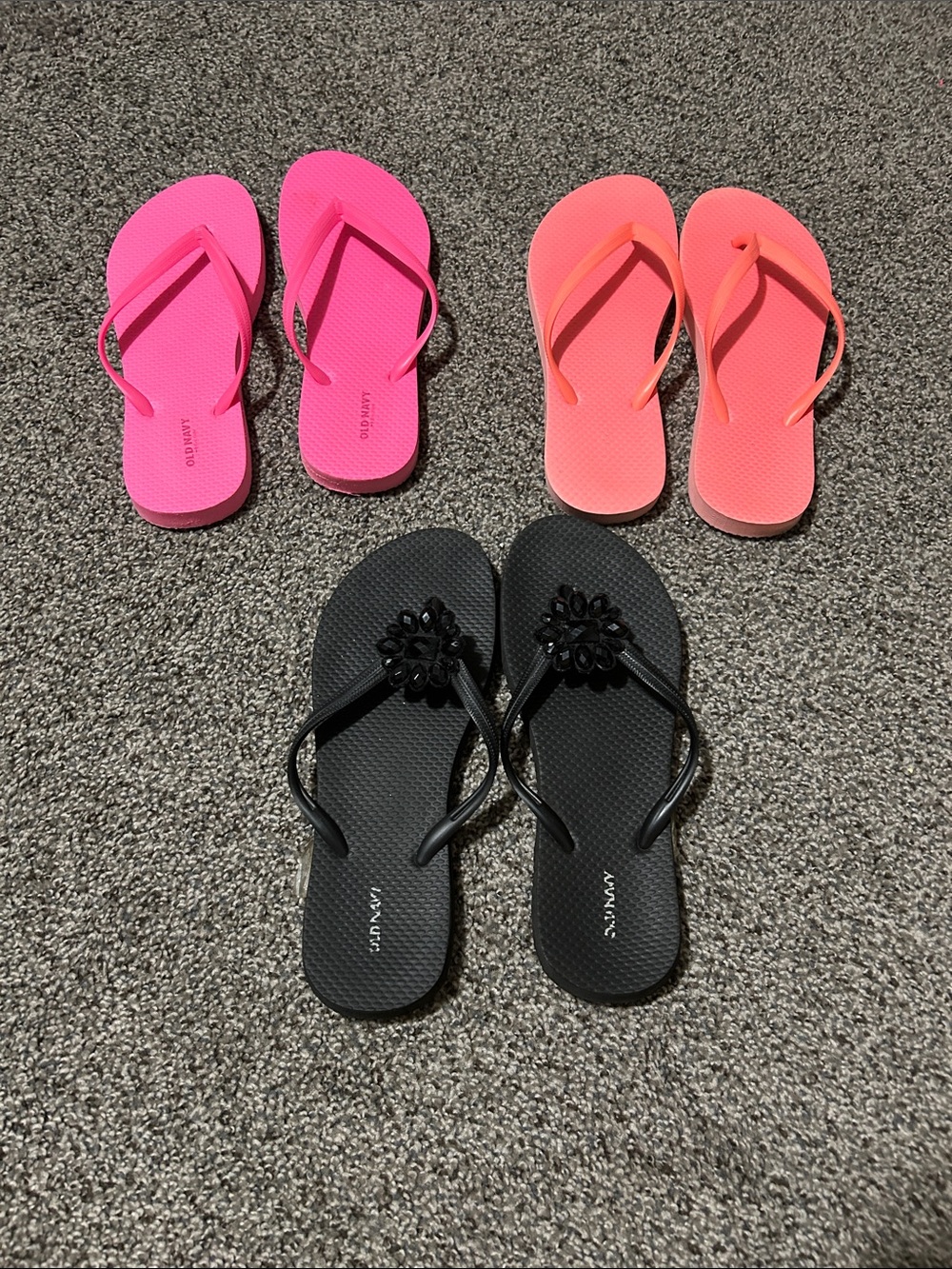 Old Navy Pink, Coral, and Black Flip Flop Sandals Trio